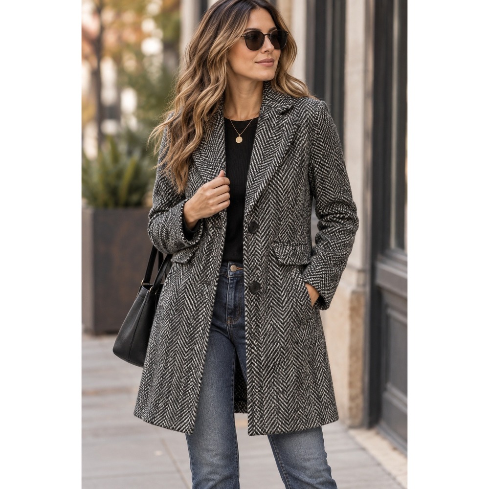 Nine West Womens Black White Herringbone Walking Coat Jacket Size S wool blend